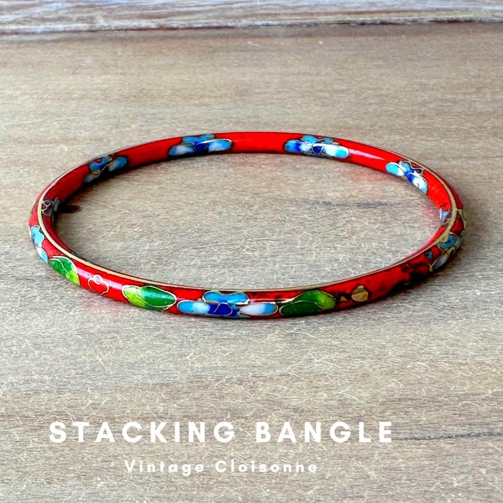 Vintage 70s Boho Cloisonne Enamel Floral Stacking Bangle Bracelet Red & Blue